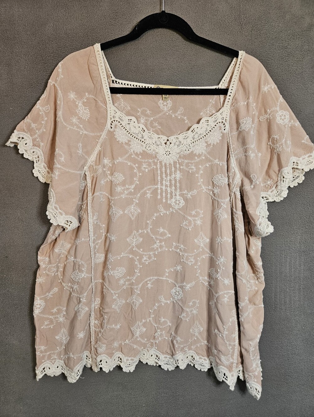 Democracy Womens Plus 3X Boho Shirt Cream Crochet Embroidery Flounce Scallop